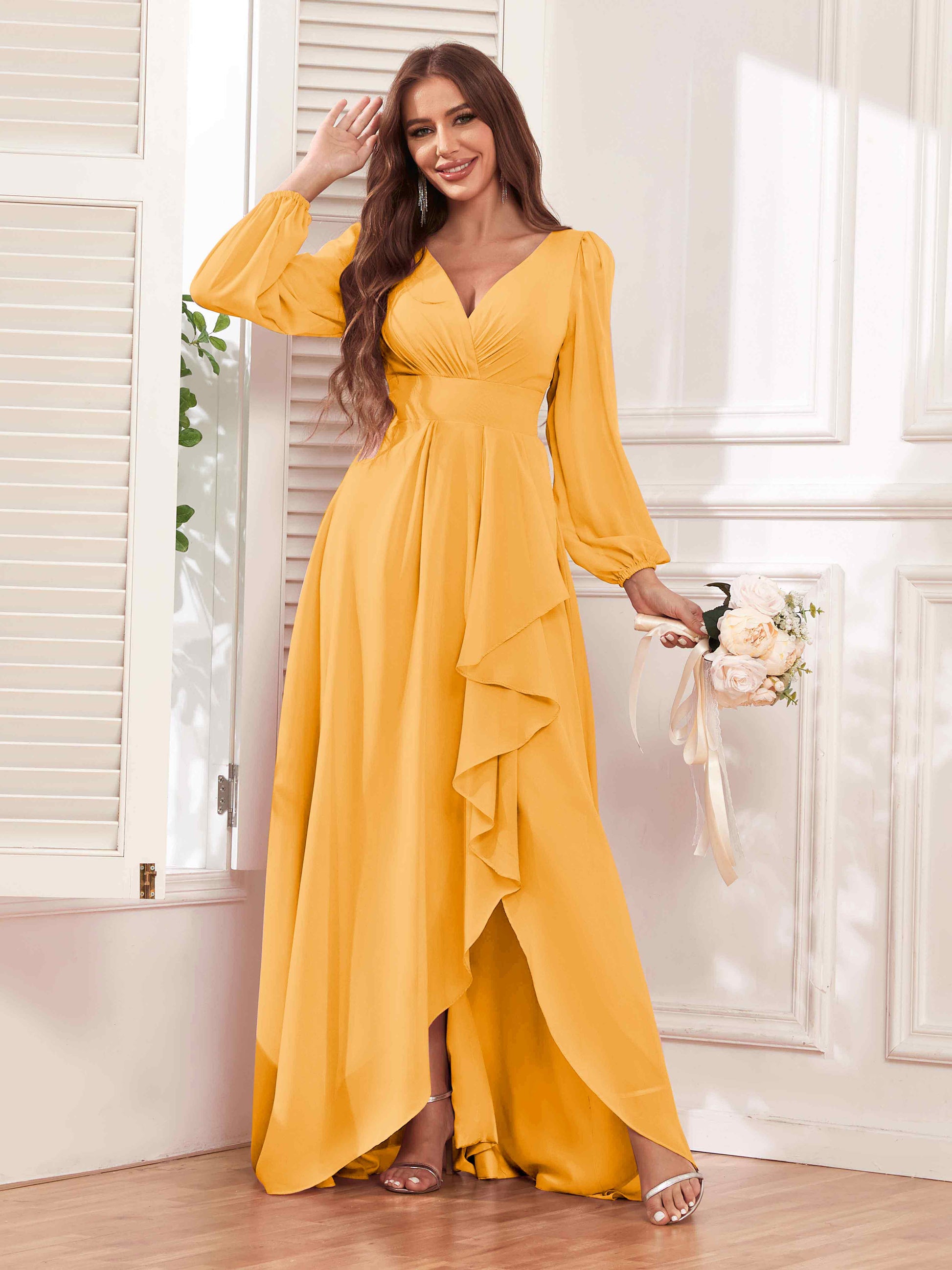 yellow chiffon bridesmaid dress KissProm Ruffled Off-the-Shoulder A-Line in Pastel Yellow, Pastel / 0 Full Length Back Floor Length Yellow Long Sleeve