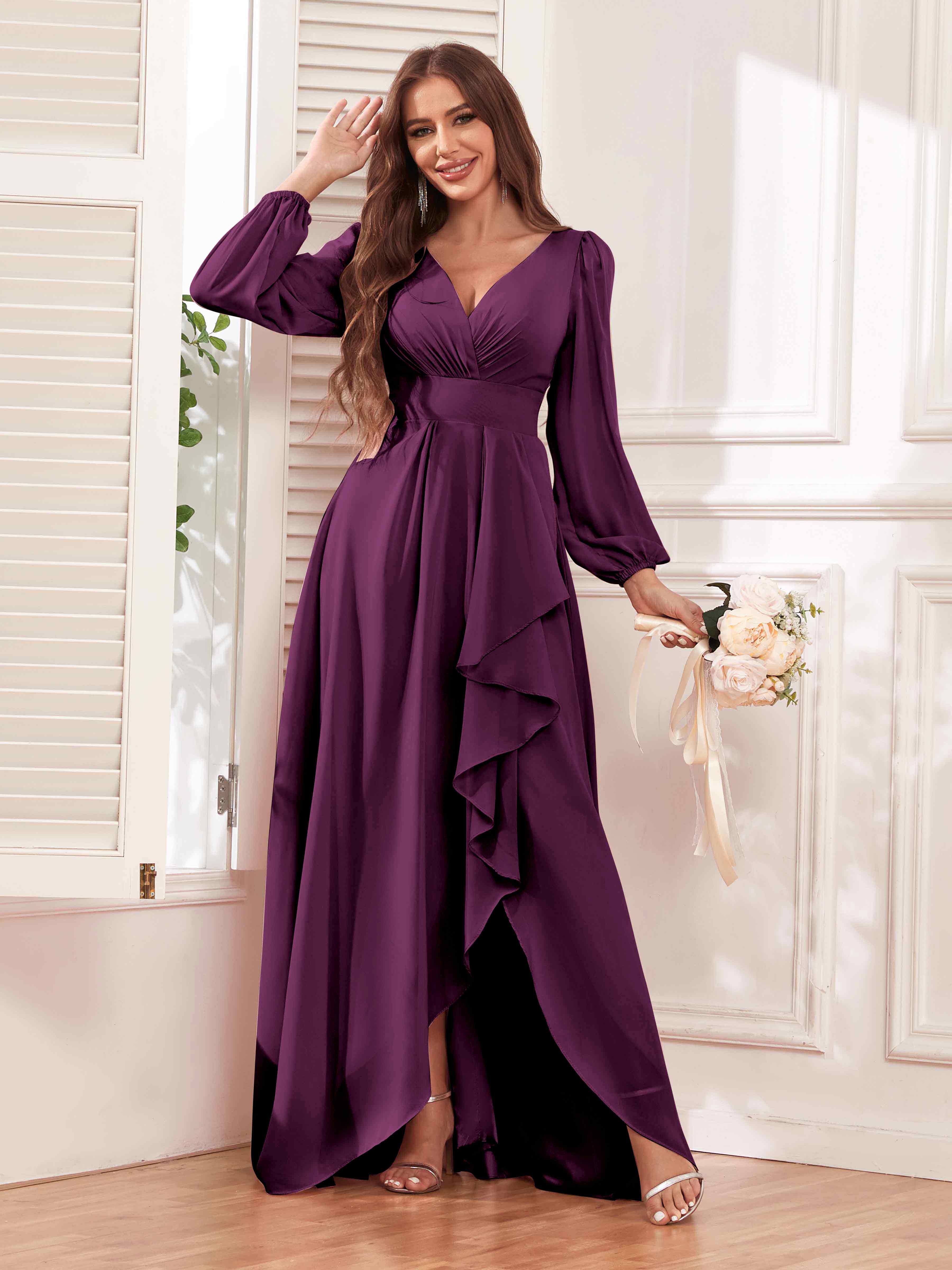 Modest Ruffles Long Sleeves V Neck Chiffon Bridesmaid Dresses UK