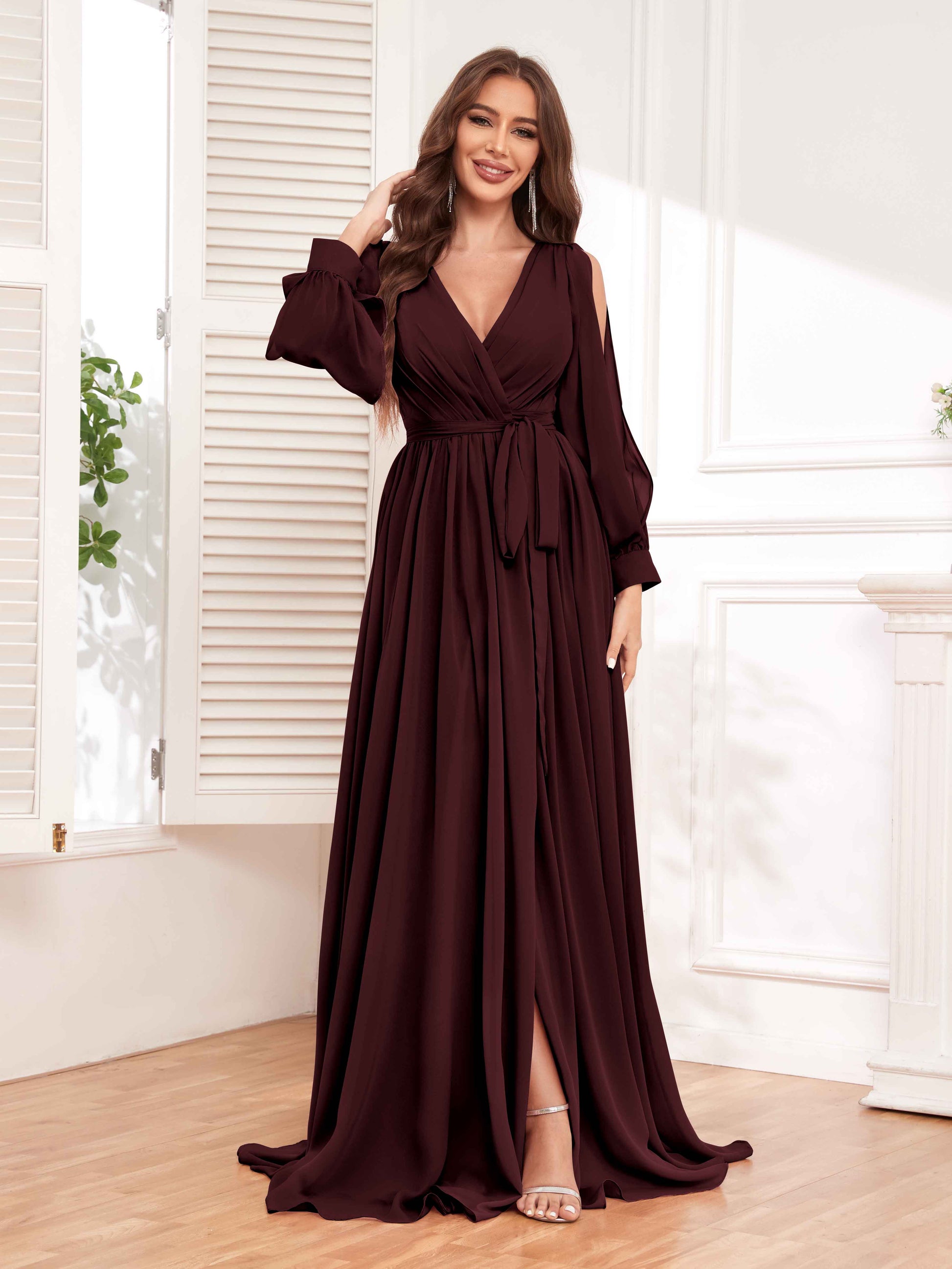 Modest Wrap Long Sleeves Chiffon Bridesmaid Dresses UK With Belt