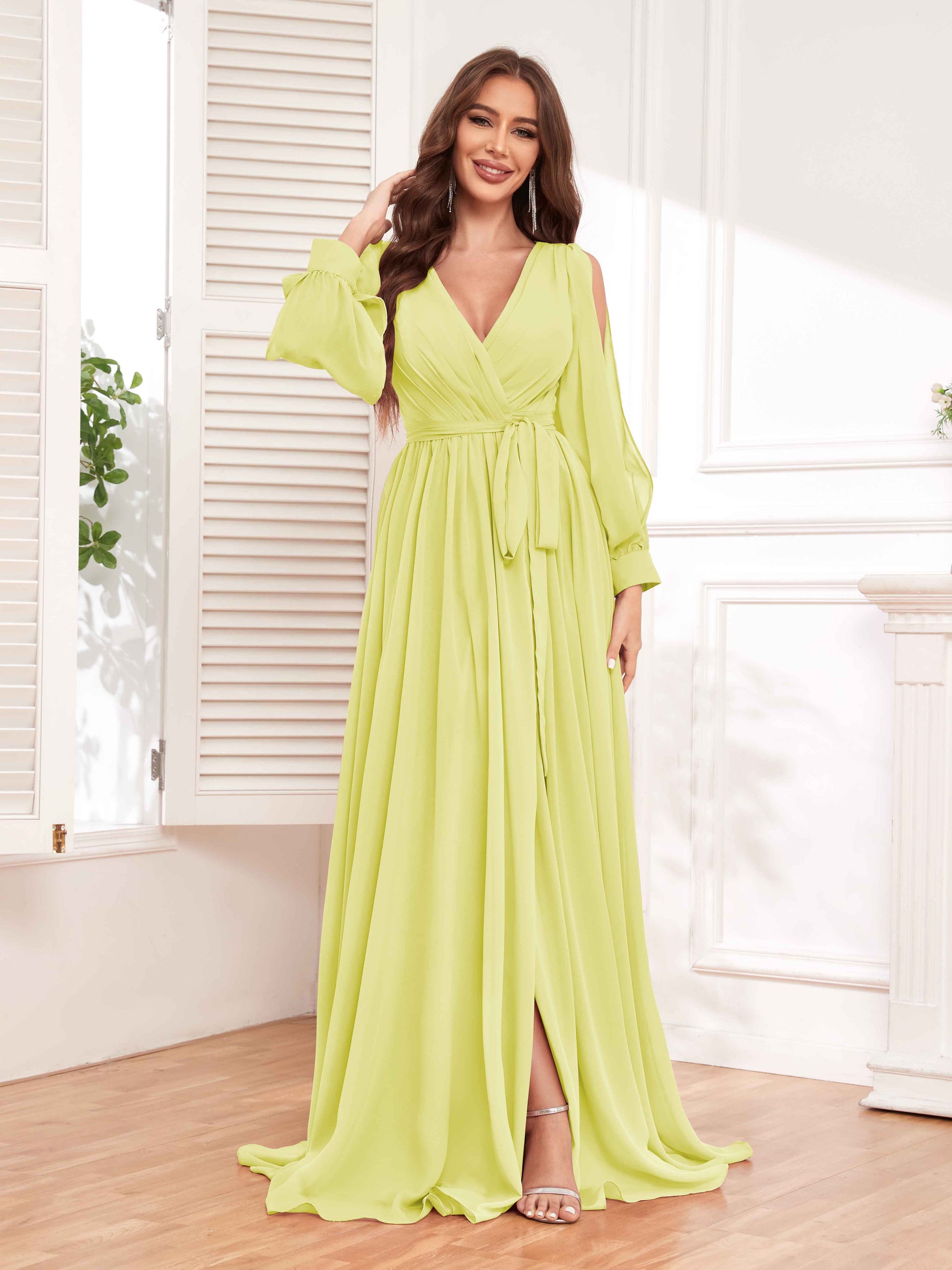 modest long sleeve bridesmaid dresses Sleeves Lace Up Chiffon with Slits wash only Modest Bridesmaid Yellow Long Sleeve