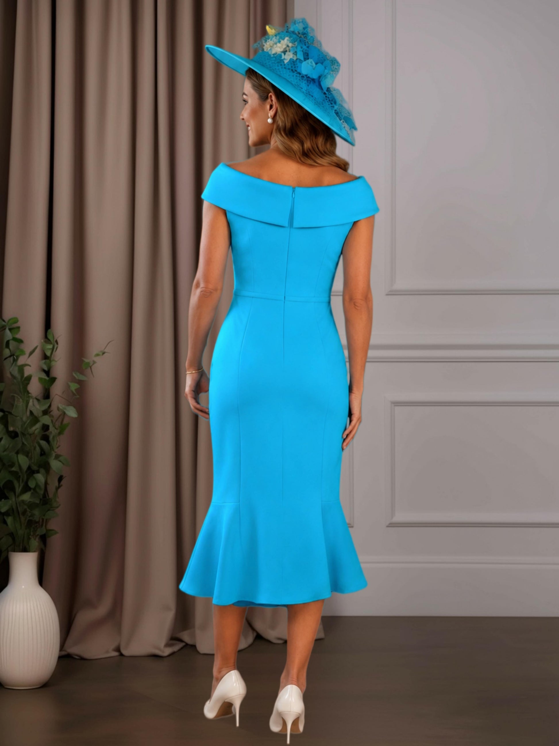 Off the Shoulder Tea Length Mother of the Bride Dress with Fluted Hem –