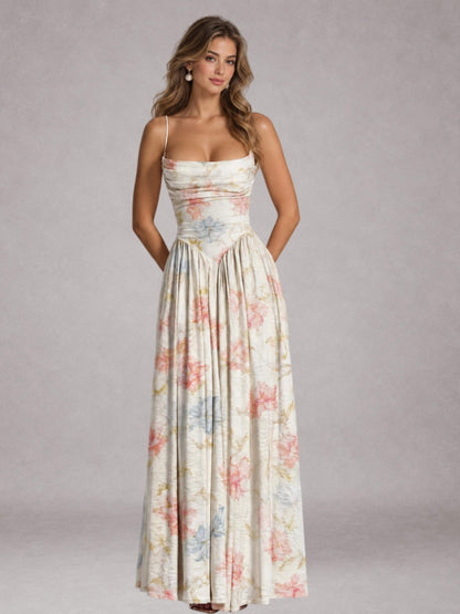 Free Shipping Pastel Floral Spaghetti Strap Cowl Neck A-Line Long Bridesmaid Dress with Lace-Up Back UK