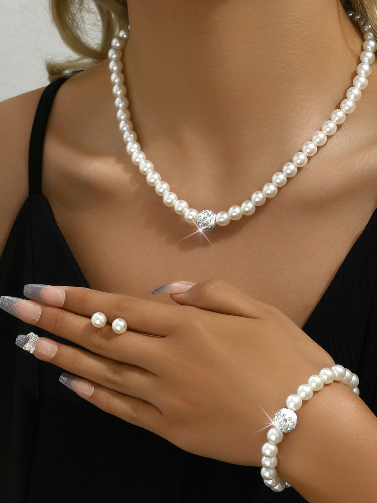 3 Set Pearl Crystal Jewelry Set Necklace Bracelet Earrings  Set for Wedding Evening Wear UK
