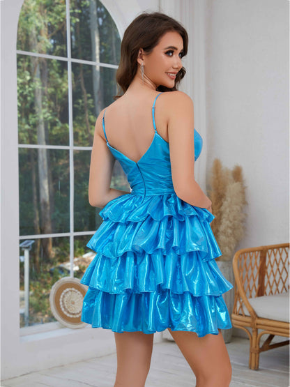 Radiant A-Line V-Neck Tiered Metallic Satin Homecoming Dresses UK