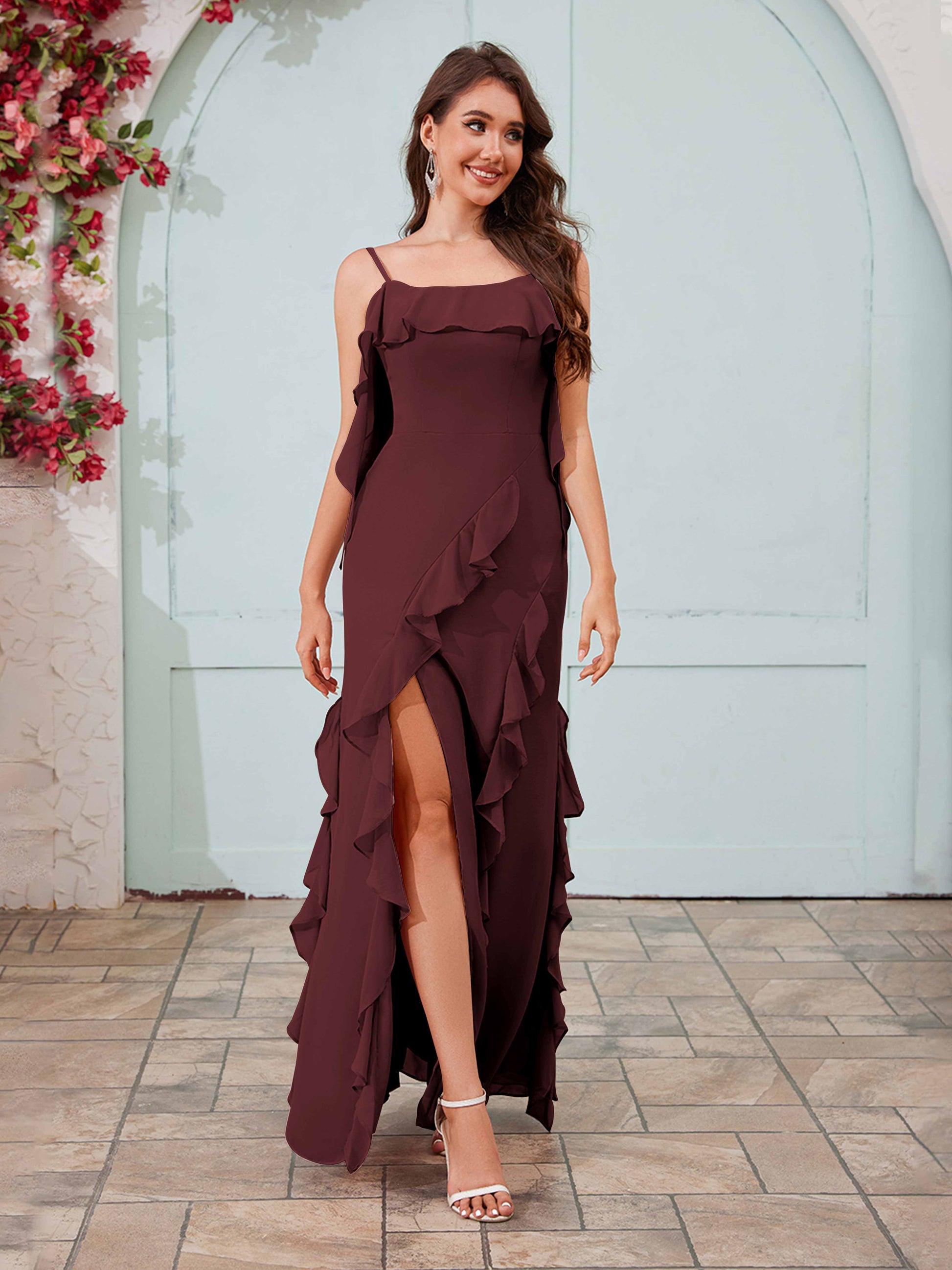 Romantic Ruffles Slit Bow Back Long Chiffon Bridesmaid Dresses UK mollyevers.co.uk Romantic Ruffles Slit Bow Back Long Chiffon Bridesmaid Dresses UK mollyevers.co.uk