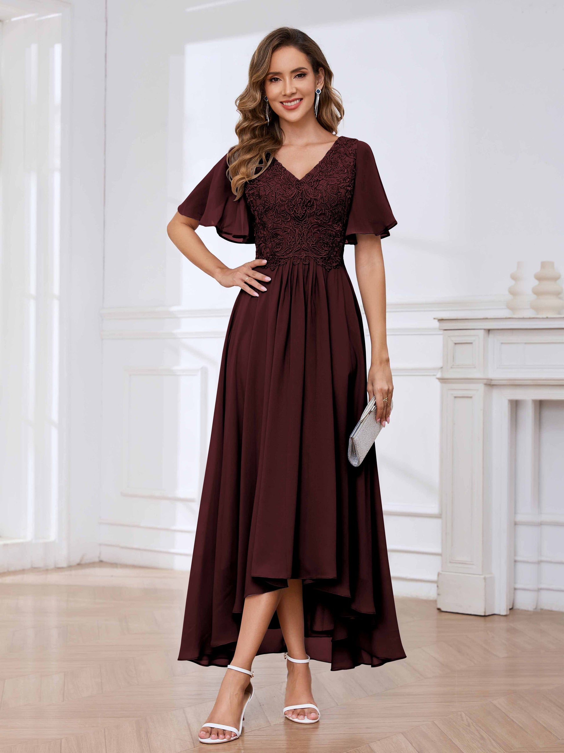 Romantic V-Neck Ruched High Low Lace Chiffon Mother of the Bride