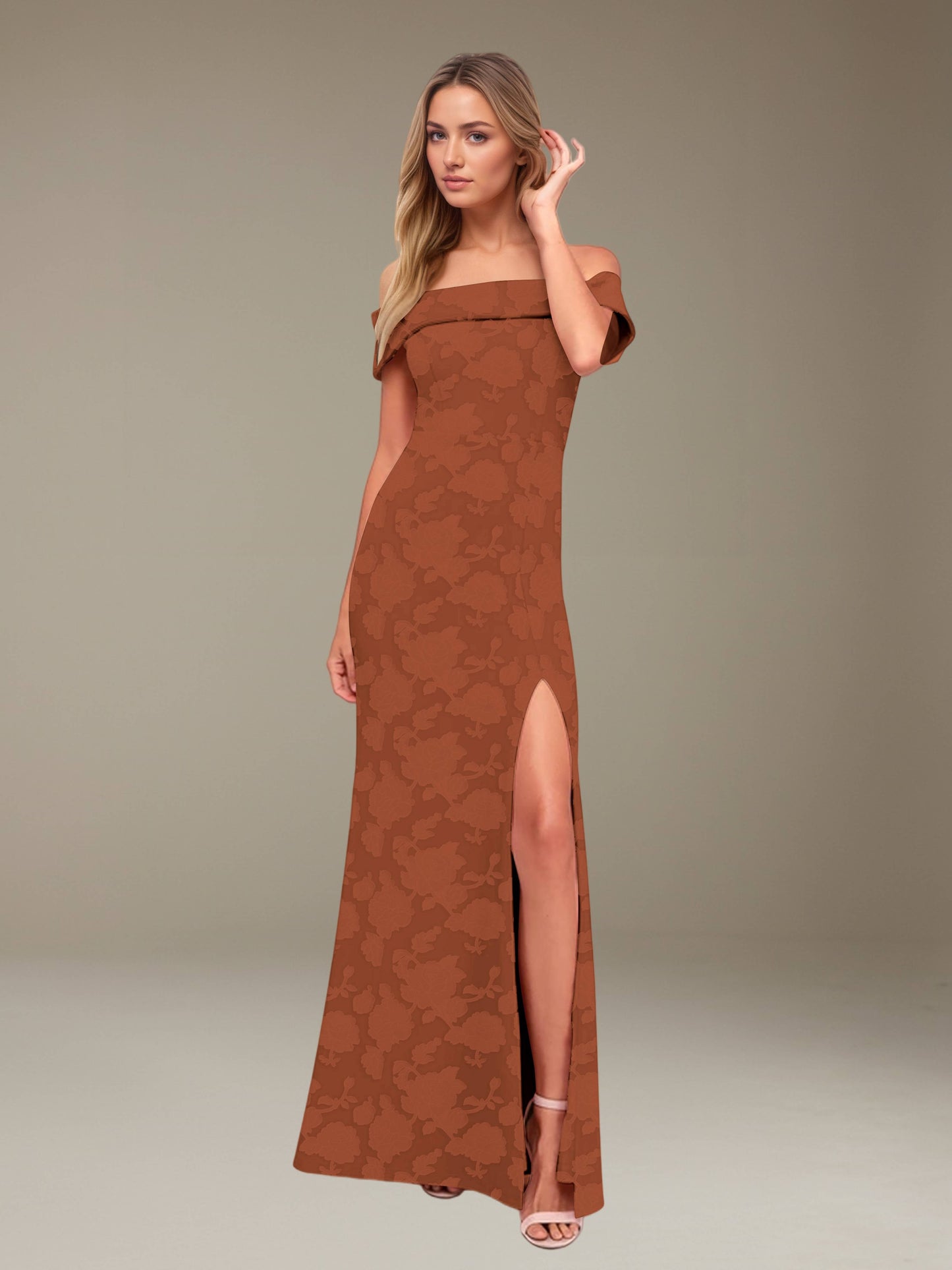 Sheath/Column Off-The-Shoulder Floor-length Floral Lace Bridesmaid Dresses with Split Side UK