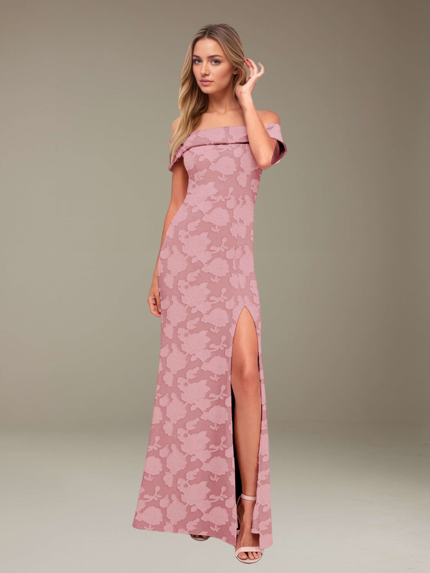 Sheath/Column Off-The-Shoulder Floor-length Floral Lace Bridesmaid Dresses with Split Side UK