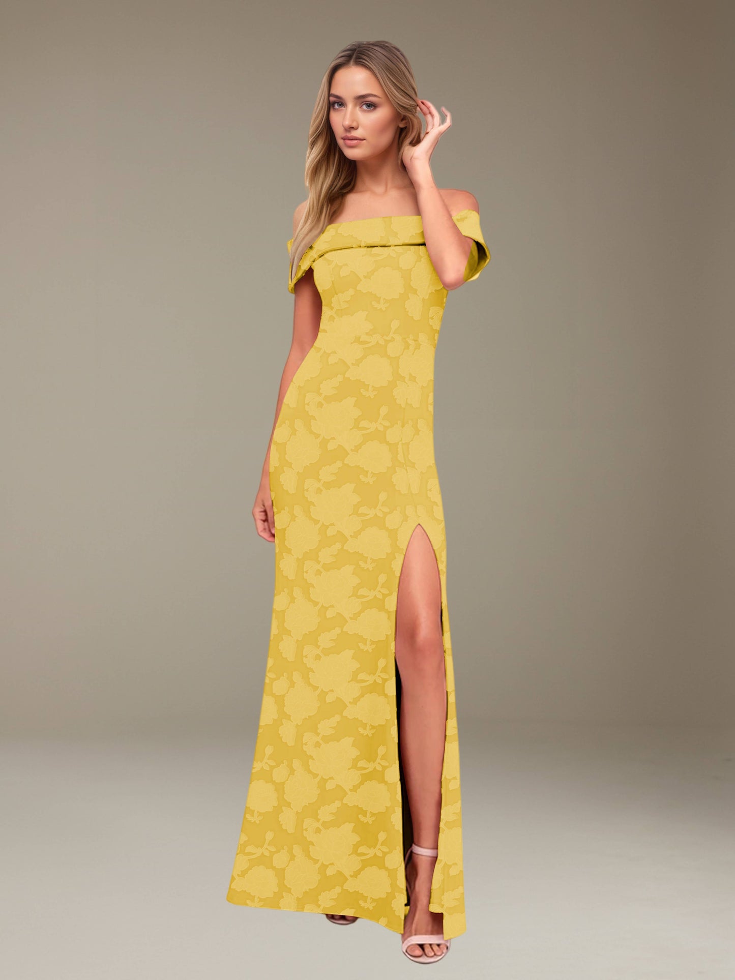 Sheath/Column Off-The-Shoulder Floor-length Floral Lace Bridesmaid Dresses with Split Side UK