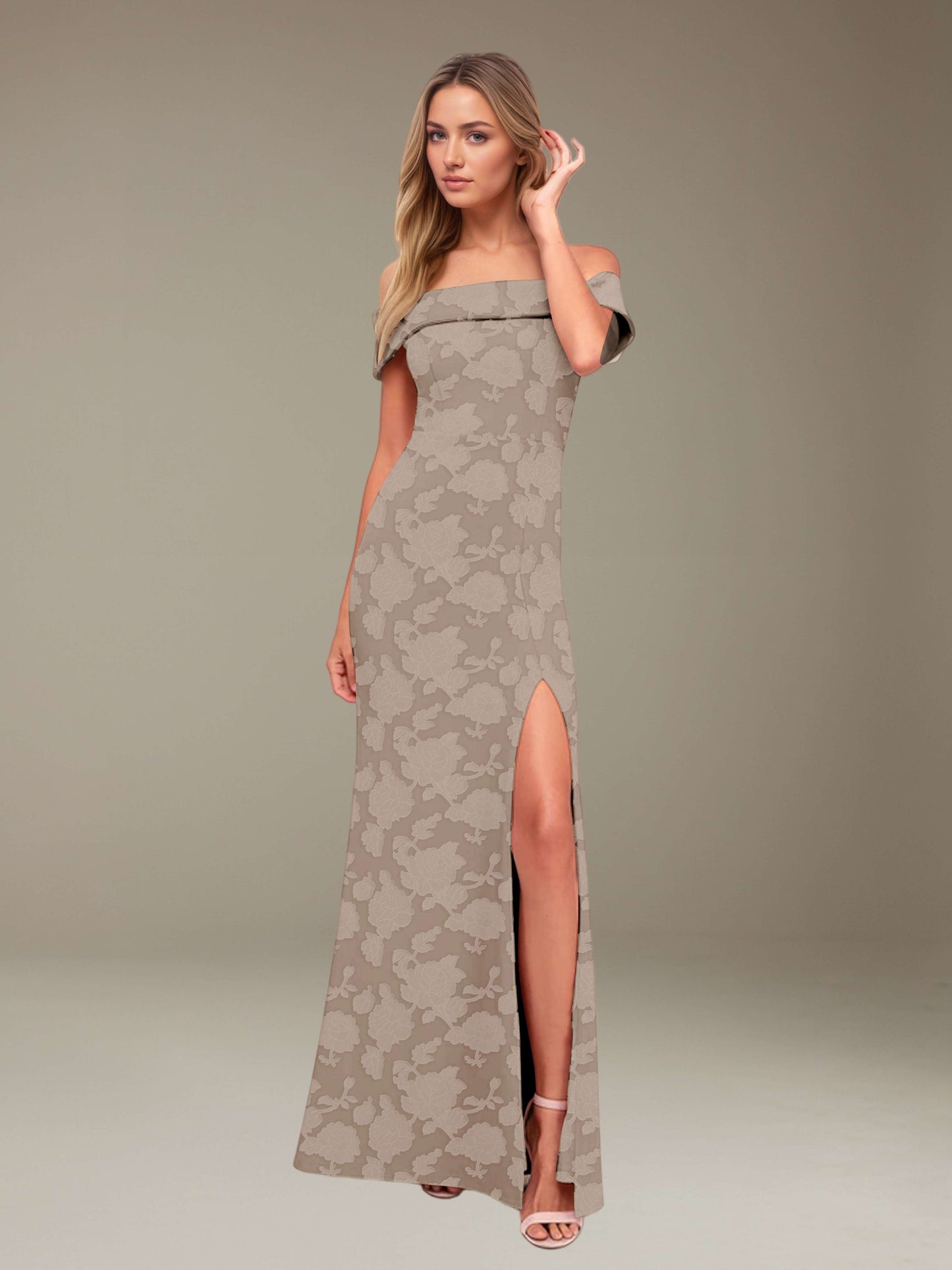 Sheath/Column Off-The-Shoulder Floor-length Floral Lace Bridesmaid Dresses with Split Side UK