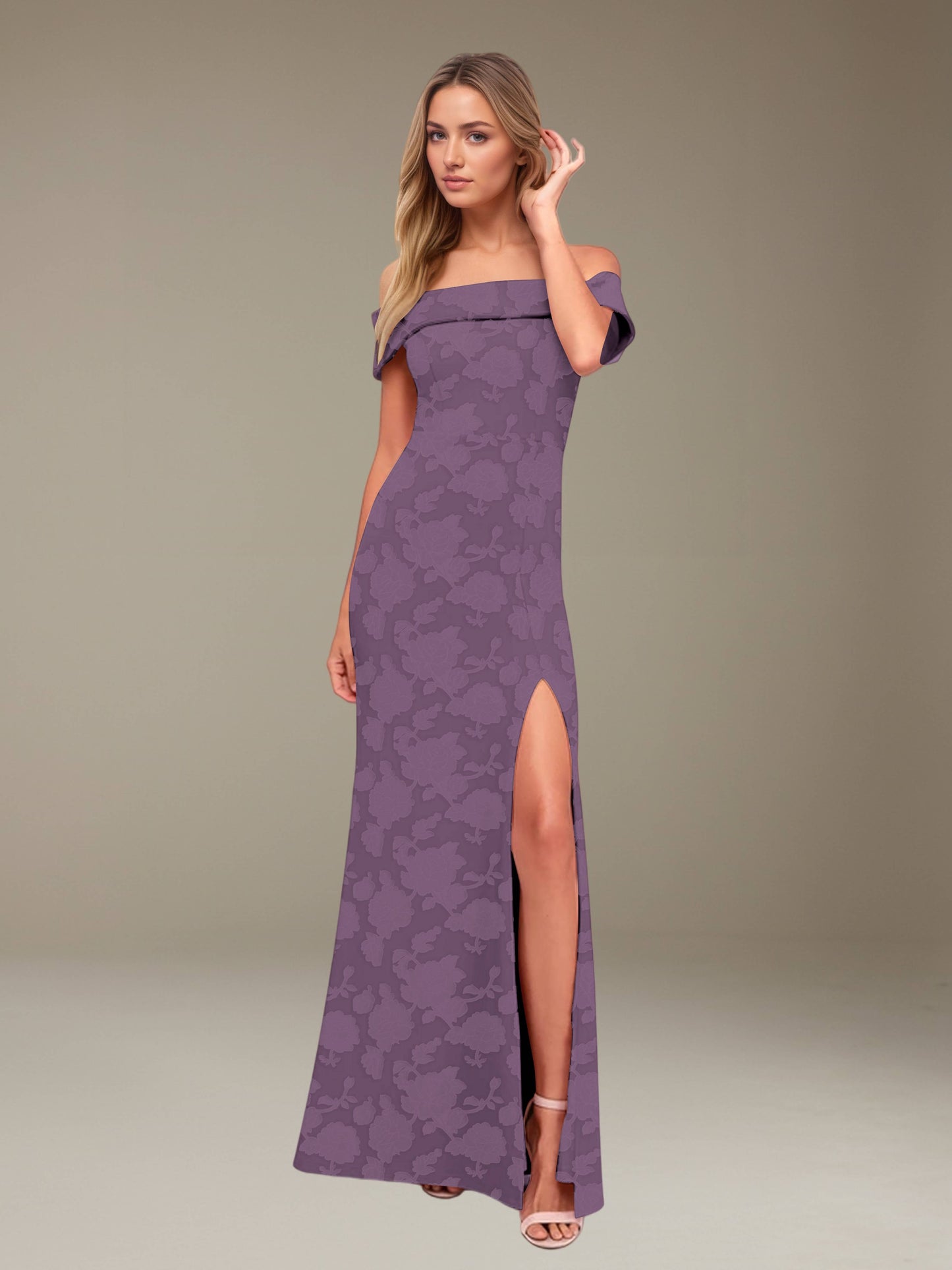 Sheath/Column Off-The-Shoulder Floor-length Floral Lace Bridesmaid Dresses with Split Side UK