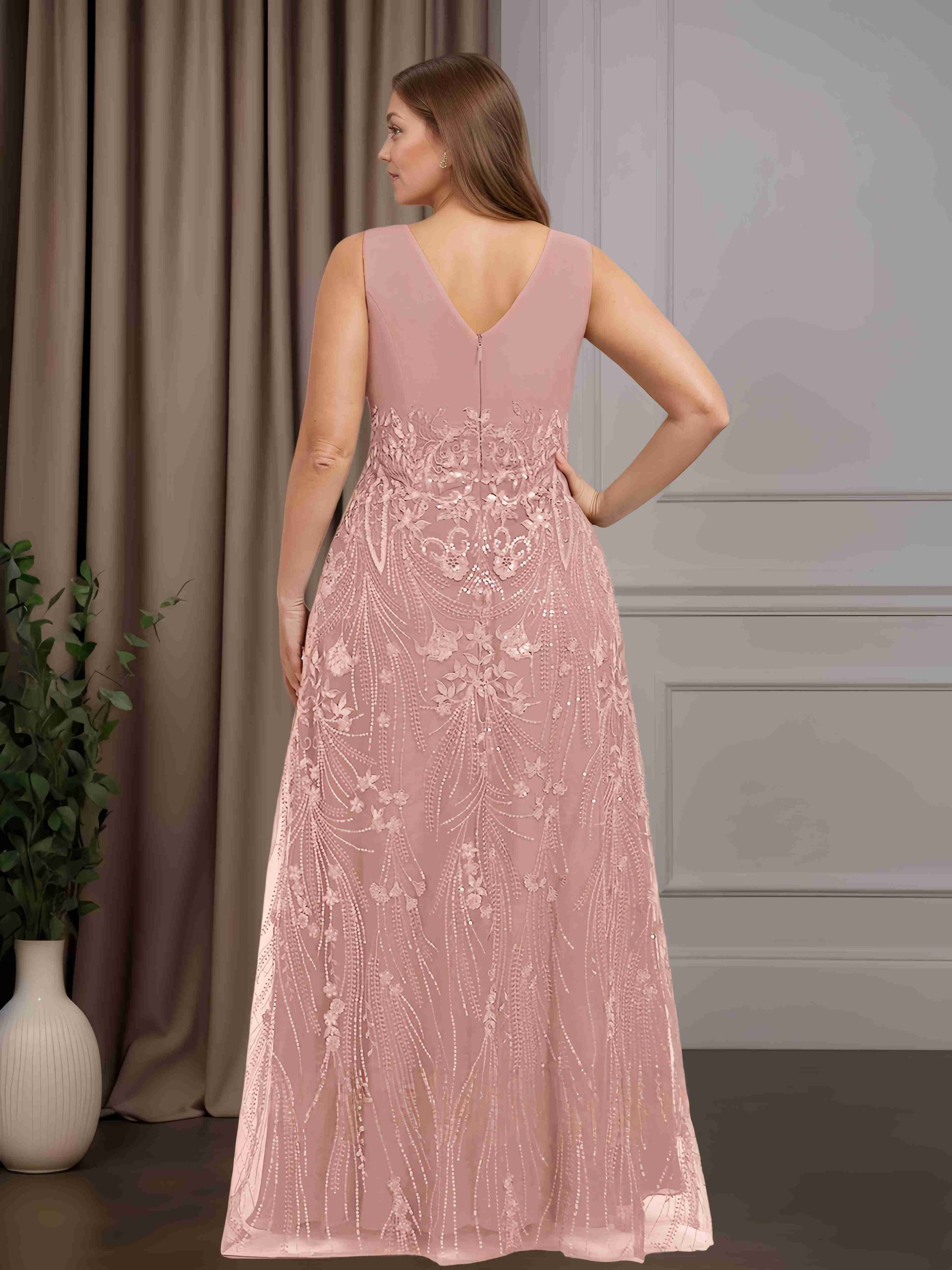 Sheath/Column V-Neck Sleeveless Floor-Length Plus Size Mother of the Bride Dresses with Pleated, Sequins & Split Side UK - Dusty Rose Sheath/Column V-Neck Sleeveless Floor-Length Plus Size Mother of the Bride Dresses with Pleated, Sequins & Split Side UK - Dusty Rose