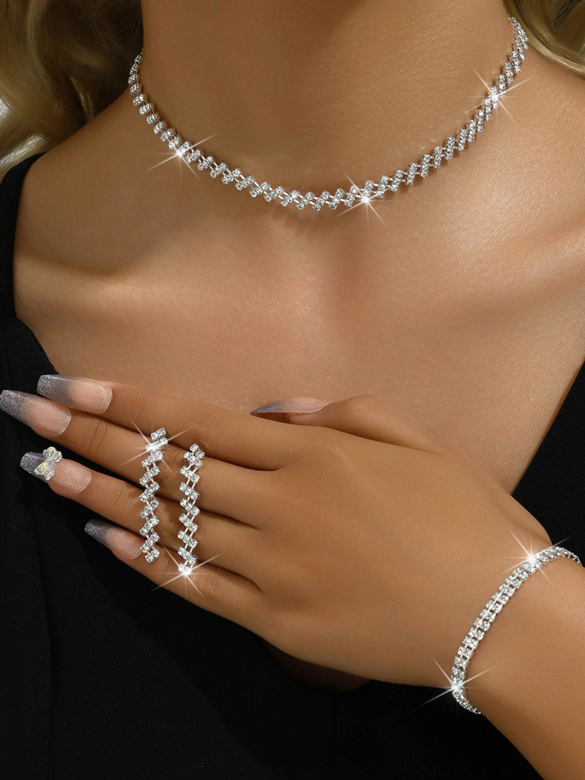 3 Set Silver Crystal Bridal Jewelry Set with Rhinestone Necklace, Earrings, Bracelet for Weddings UK