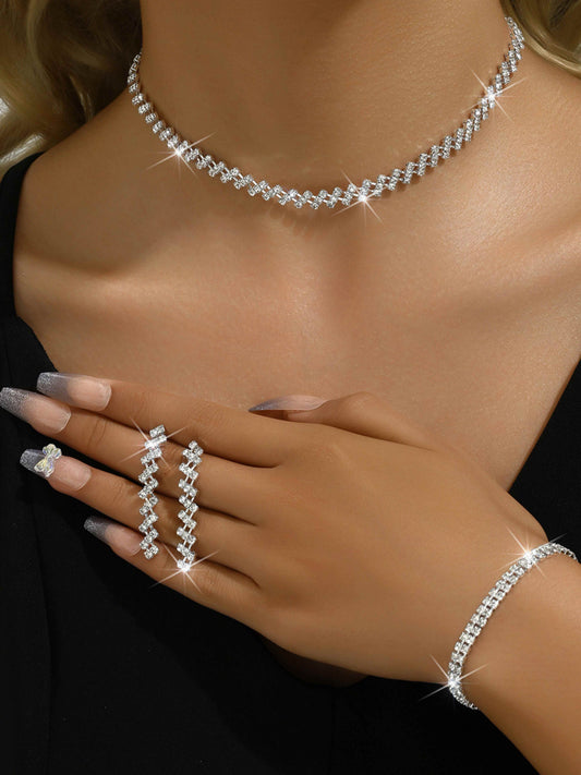3 Set Silver Crystal Bridal Jewelry Set with Rhinestone Necklace, Earrings, Bracelet for Weddings UK