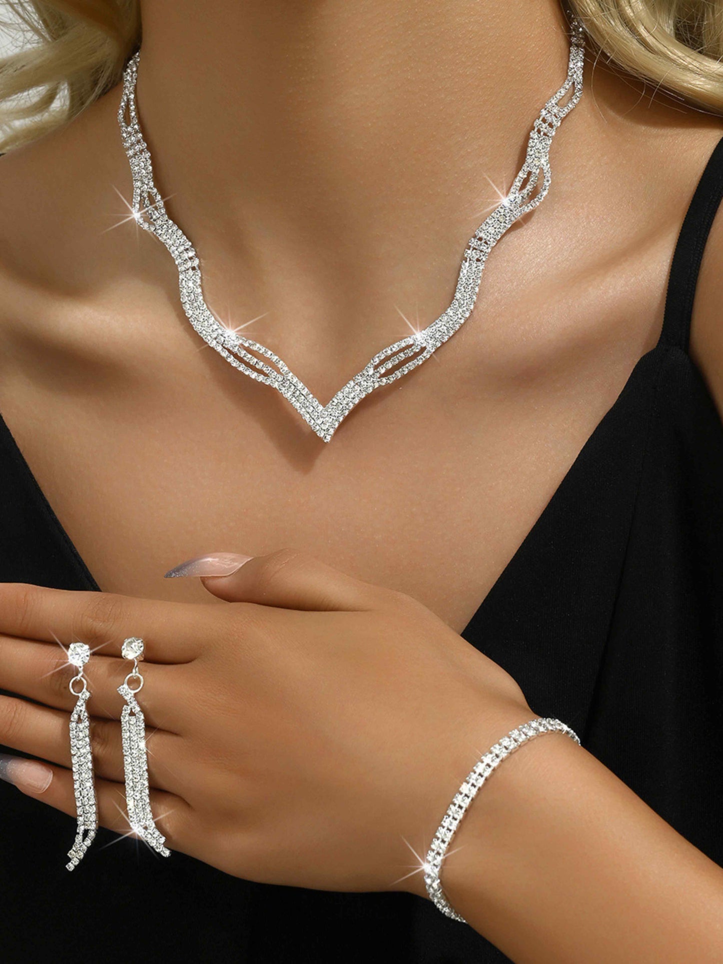 3 Set Silver Crystal Jewelry Set Necklace Earrings Bracelet Set UK