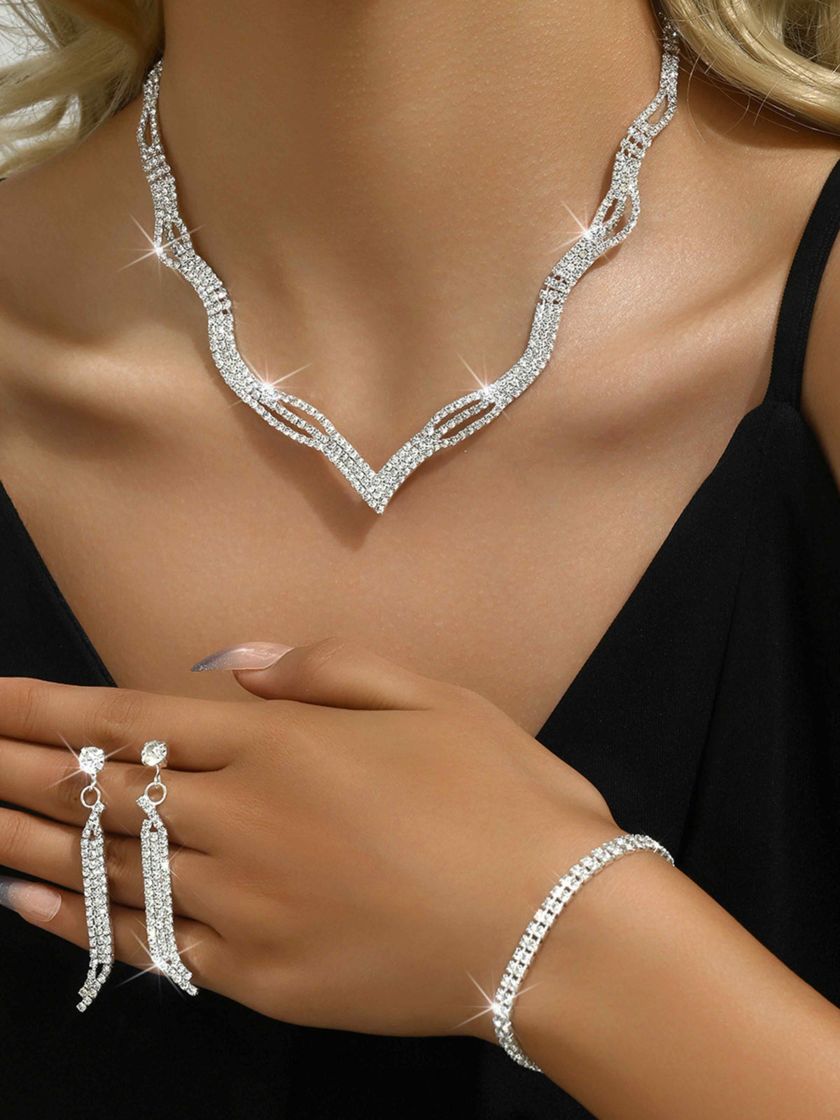 3 Set Silver Crystal Jewelry Set Necklace Earrings Bracelet Set UK