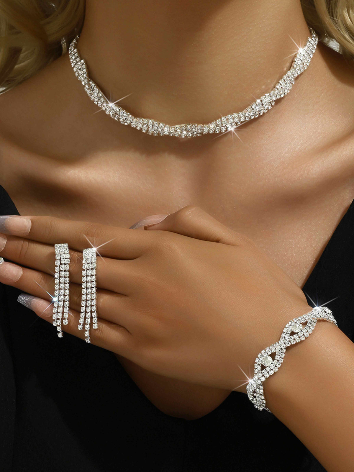 3 Set Silver Crystal Jewelry Set with Necklace, Bracelet & Eearrings Set for Wedding & Evening Wear UK