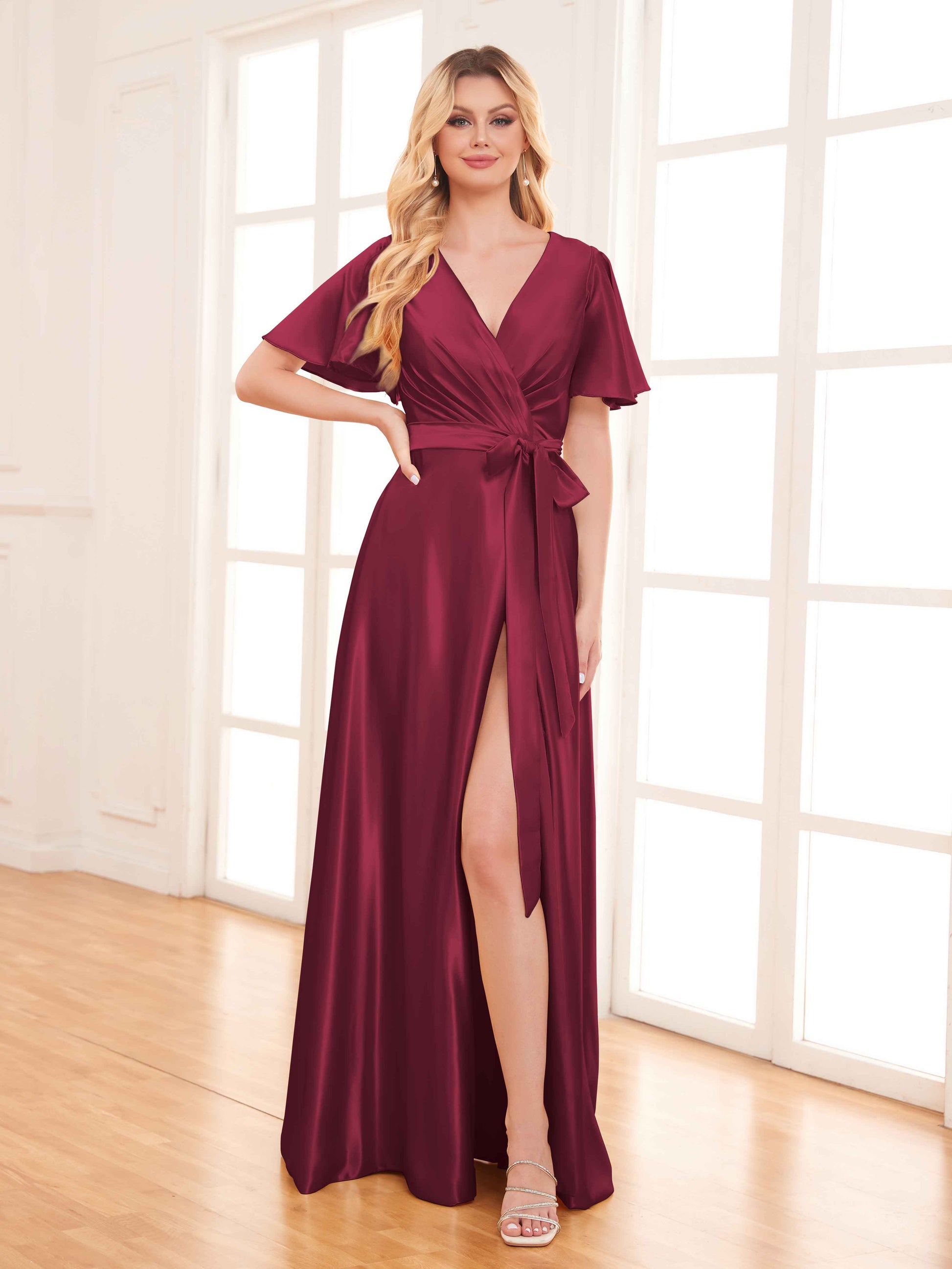 Sleek V Neck Sash Slit Floor Length Satin Bridesmaid Dresses UK mollyevers.co.uk Sleek V Neck Sash Slit Floor Length Satin Bridesmaid Dresses UK mollyevers.co.uk