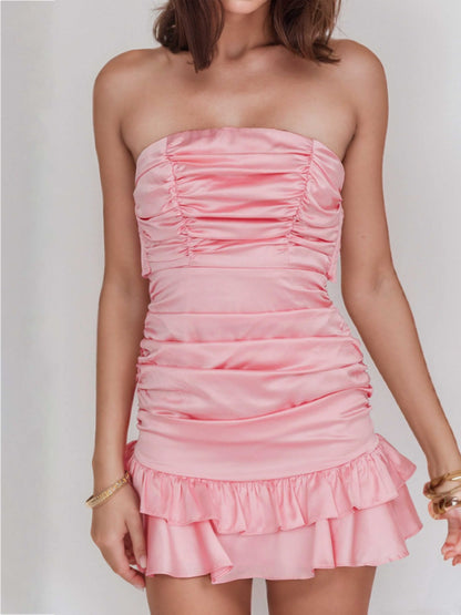 Soft Sheath Sleeveless Strapless Ruched Satin Mini Homecoming Dresses UK