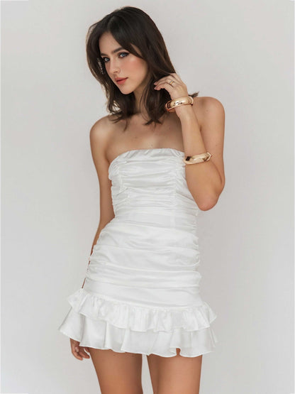 Soft Sheath Sleeveless Strapless Ruched Satin Mini Homecoming Dresses UK