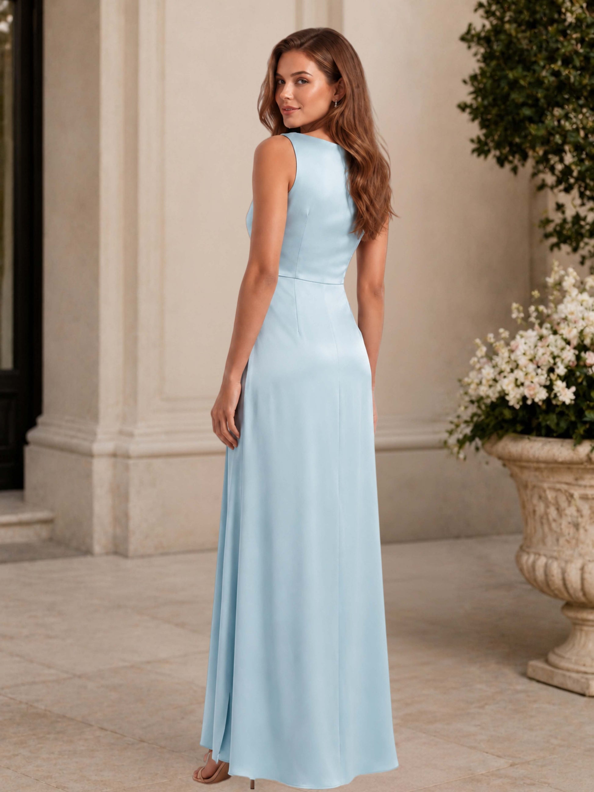 Square Neck Ruffles A Line Sleeveless Floor Length Wedding Guest Dress –