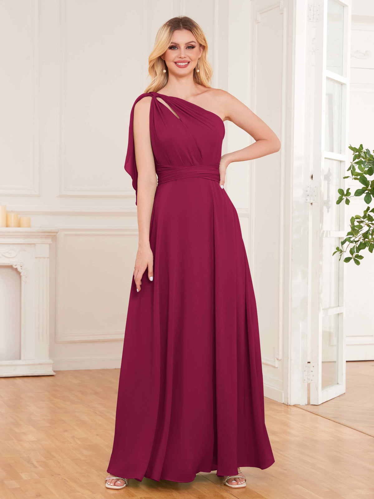 Stylish One Shoulder Bow Back Floor Length Chiffon Bridesmaid Dresses UK