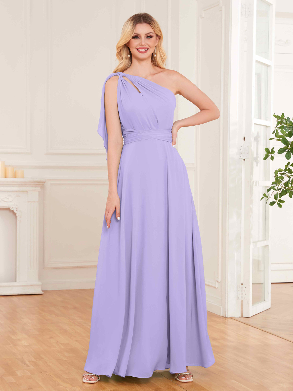 Stylish One Shoulder Bow Back Floor Length Chiffon Bridesmaid Dresses UK