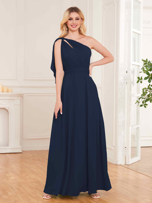 Stylish One Shoulder Bow Back Floor Length Chiffon Bridesmaid Dresses UK