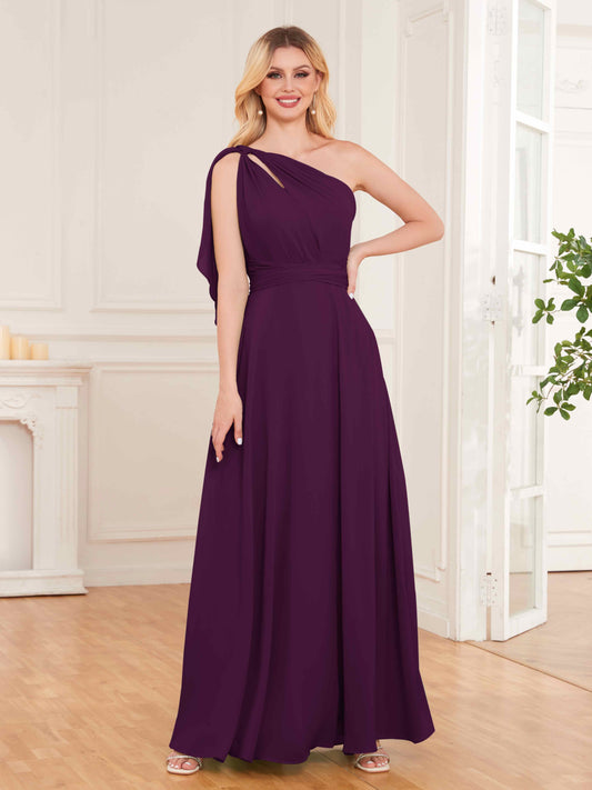 Stylish One Shoulder Bow Back Floor Length Chiffon Bridesmaid Dresses UK