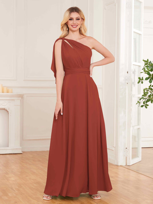 Stylish One Shoulder Bow Back Floor Length Chiffon Bridesmaid Dresses UK