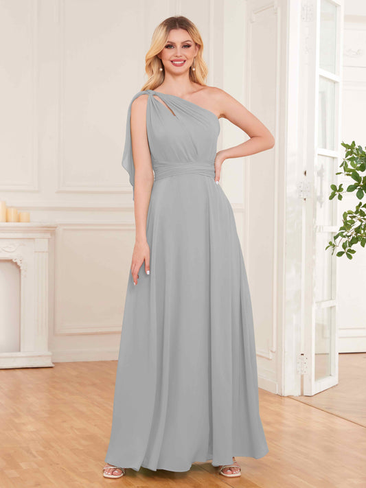 Stylish One Shoulder Bow Back Floor Length Chiffon Bridesmaid Dresses UK