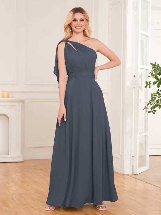 Stylish One Shoulder Bow Back Floor Length Chiffon Bridesmaid Dresses UK