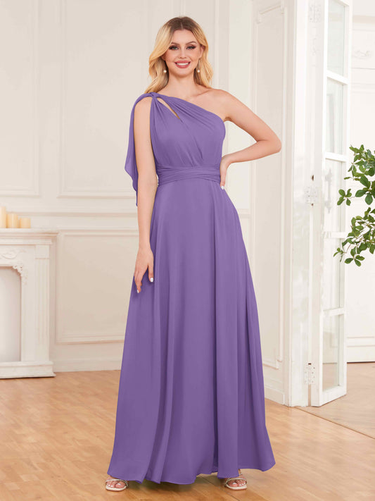Stylish One Shoulder Bow Back Floor Length Chiffon Bridesmaid Dresses UK