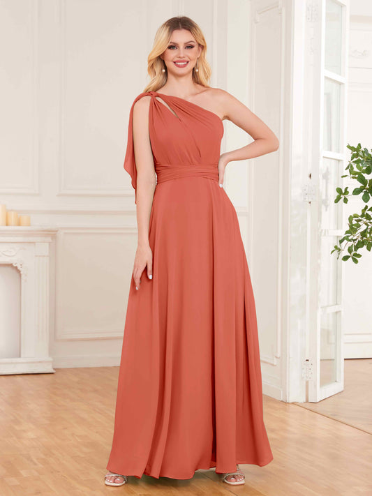 Stylish One Shoulder Bow Back Floor Length Chiffon Bridesmaid Dresses UK