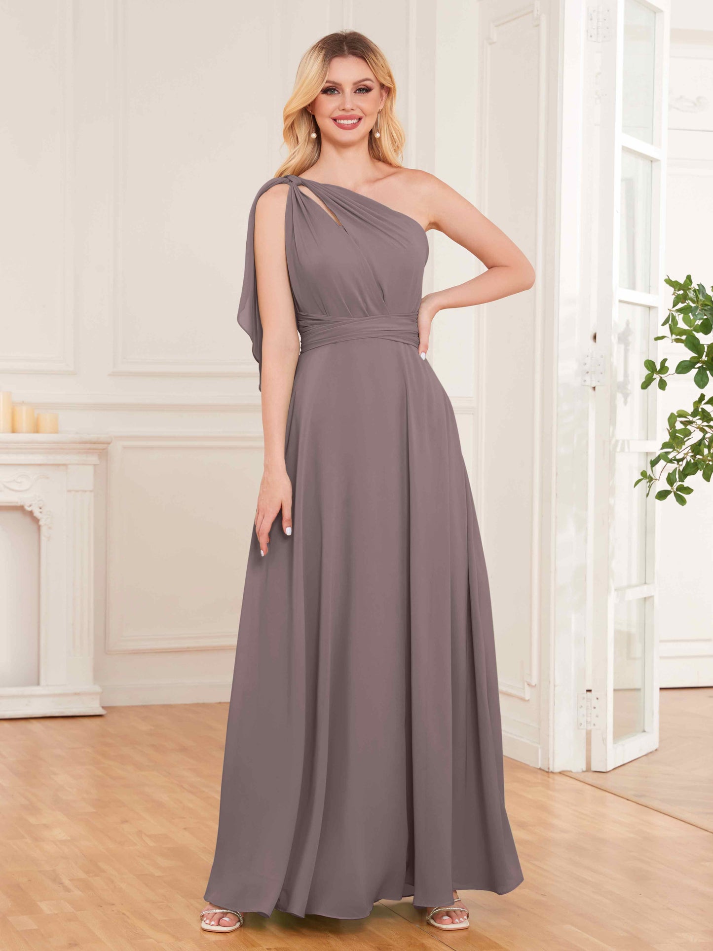 Stylish One Shoulder Bow Back Floor Length Chiffon Bridesmaid Dresses UK