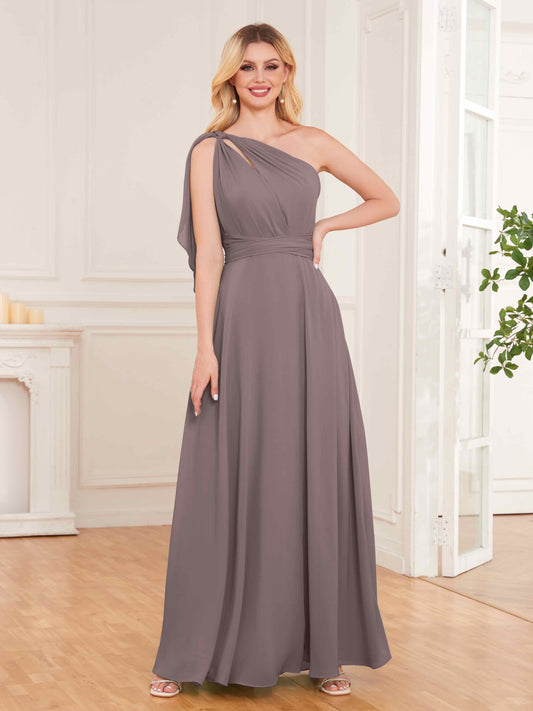 Stylish One Shoulder Bow Back Floor Length Chiffon Bridesmaid Dresses UK