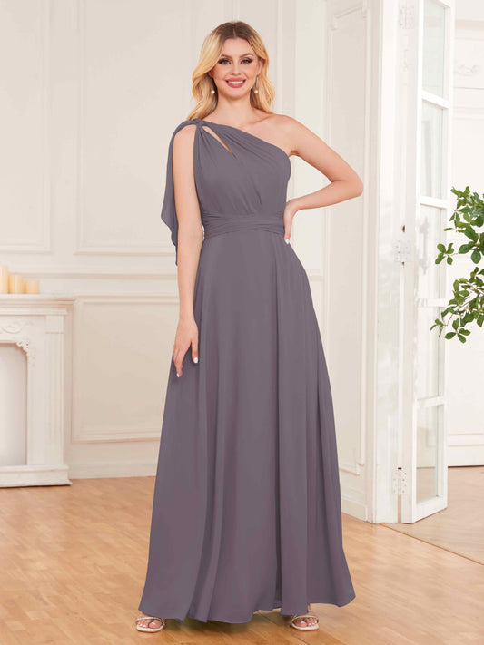 Stylish One Shoulder Bow Back Floor Length Chiffon Bridesmaid Dresses UK