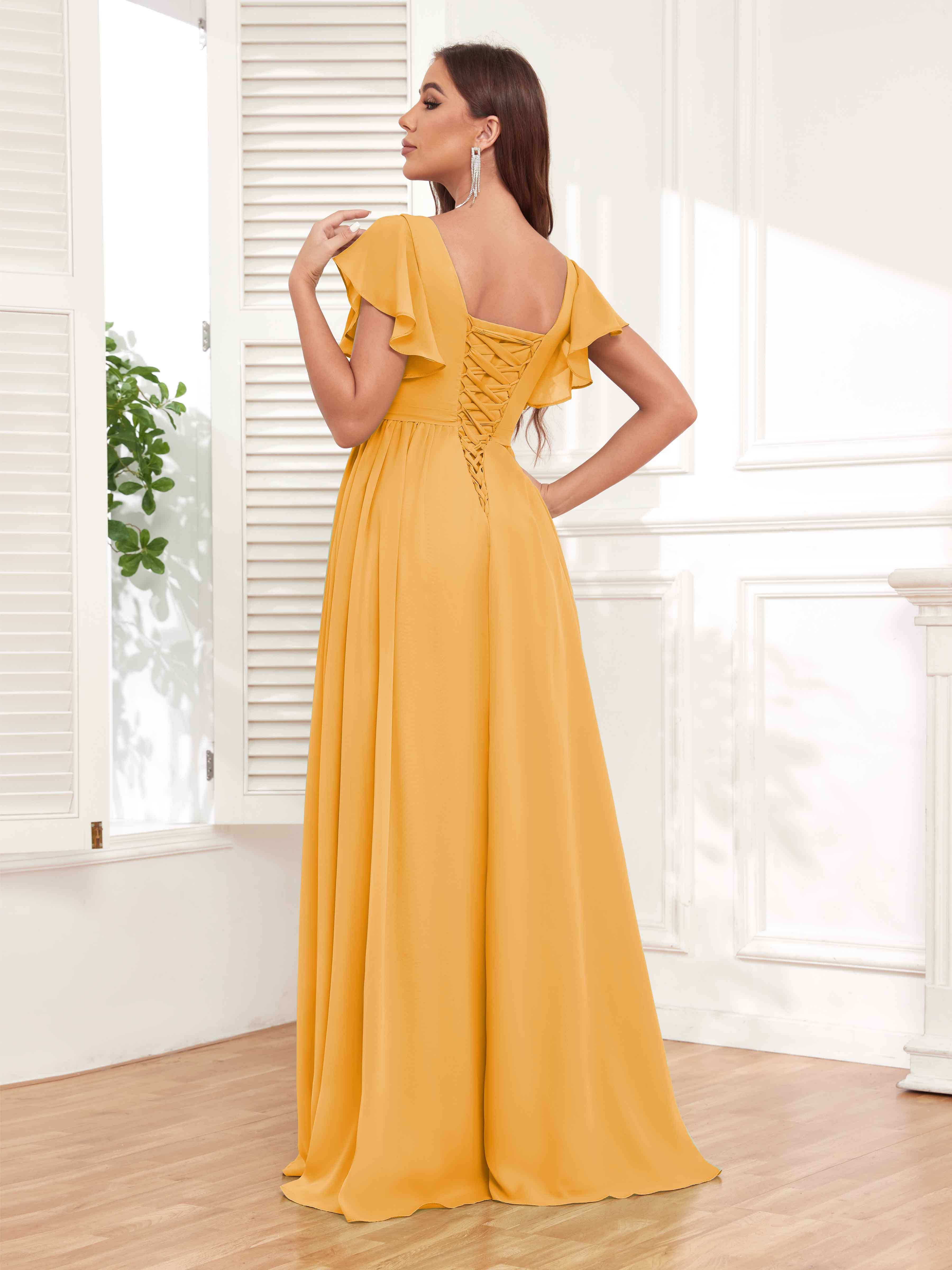 Stylish V Neck Short Sleeves Chiffon Bridesmaid Dresses UK