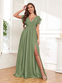 Stylish V Neck Short Sleeves Chiffon Bridesmaid Dresses UK