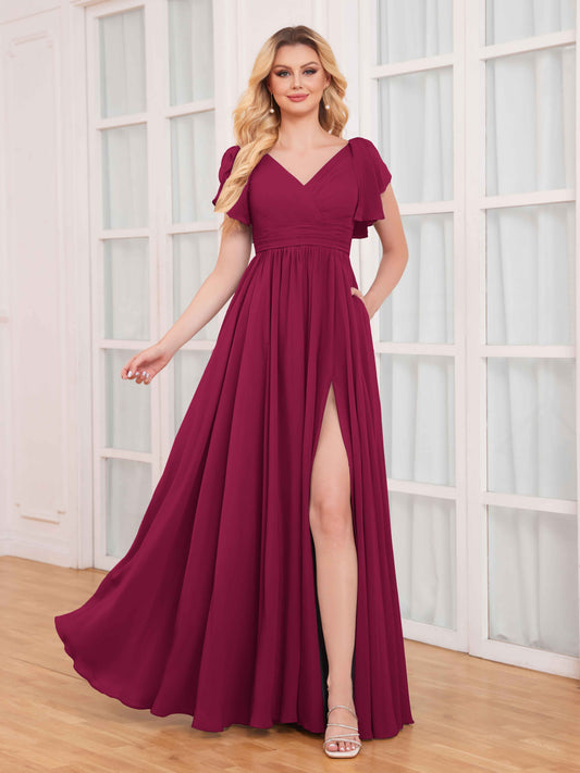 Timeless Ruffles Short Sleeves Slit Chiffon Bridesmaid Dresses UK