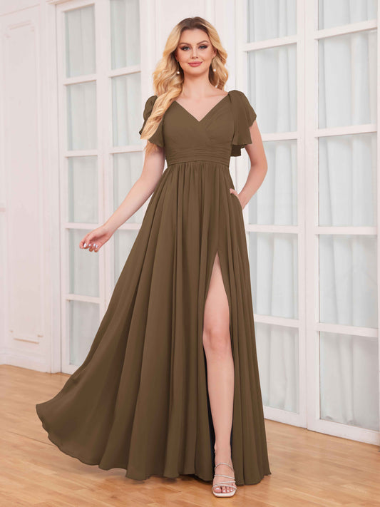 Timeless Ruffles Short Sleeves Slit Chiffon Bridesmaid Dresses UK