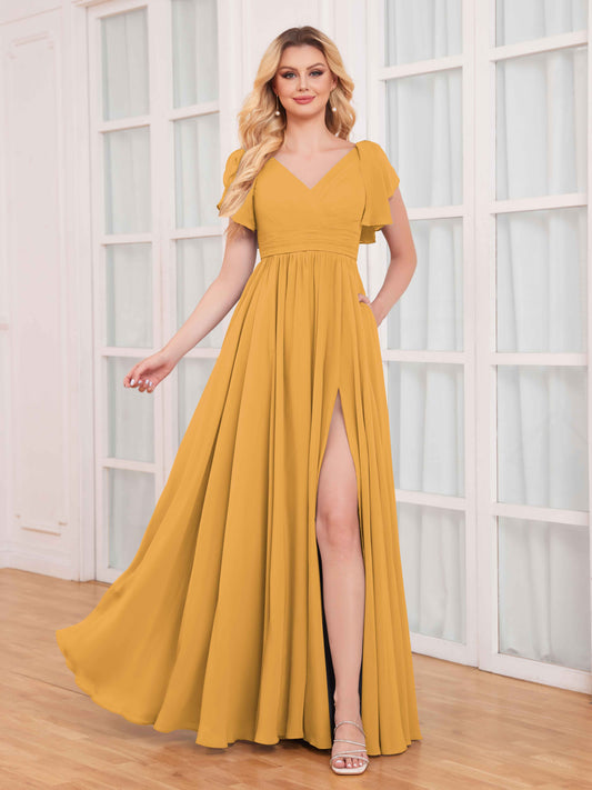 Timeless Ruffles Short Sleeves Slit Chiffon Bridesmaid Dresses UK