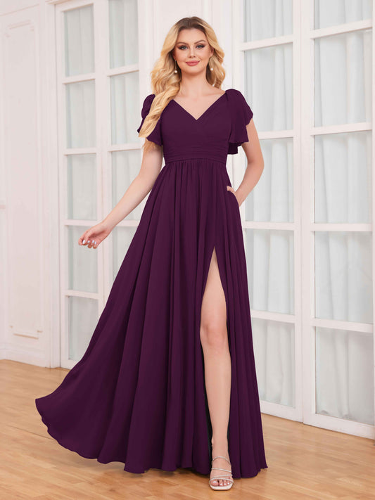 Timeless Ruffles Short Sleeves Slit Chiffon Bridesmaid Dresses UK