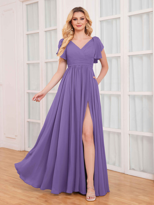 Timeless Ruffles Short Sleeves Slit Chiffon Bridesmaid Dresses UK