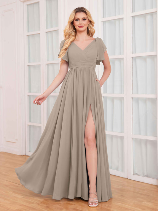 Timeless Ruffles Short Sleeves Slit Chiffon Bridesmaid Dresses UK