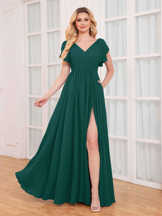 Timeless Ruffles Short Sleeves Slit Chiffon Bridesmaid Dresses UK