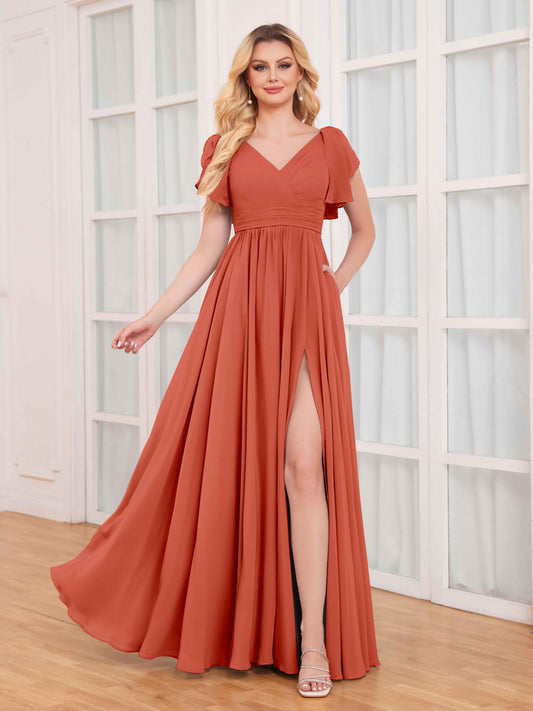 Timeless Ruffles Short Sleeves Slit Chiffon Bridesmaid Dresses UK