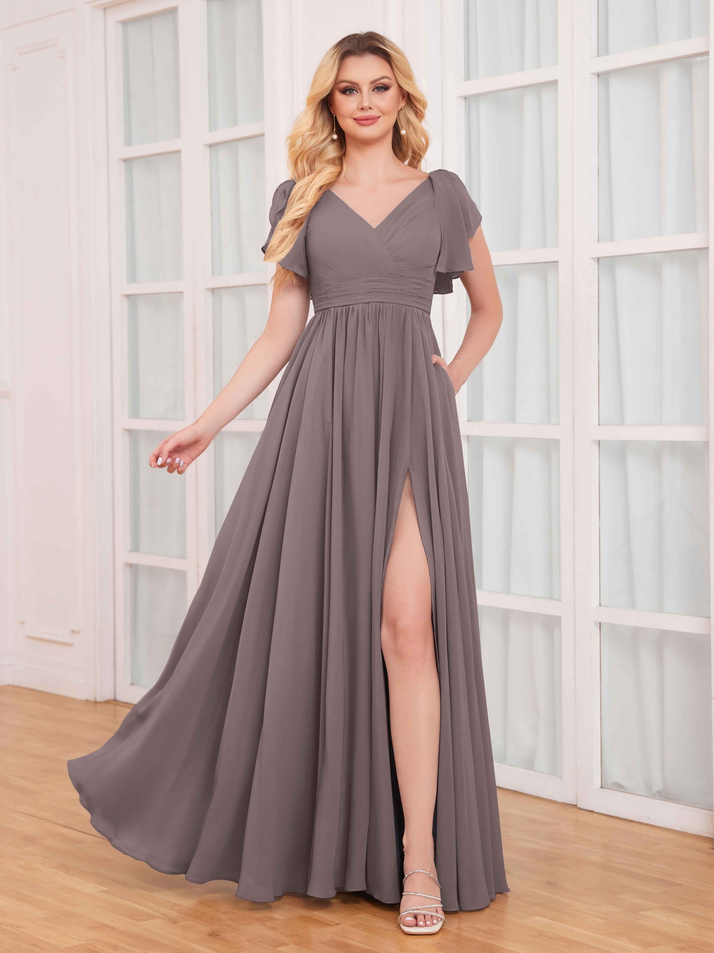 Timeless Ruffles Short Sleeves Slit Chiffon Bridesmaid Dresses UK