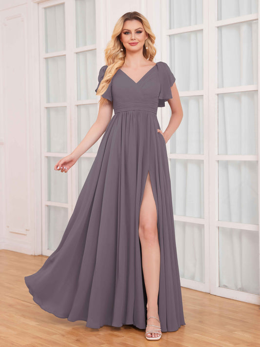 Timeless Ruffles Short Sleeves Slit Chiffon Bridesmaid Dresses UK