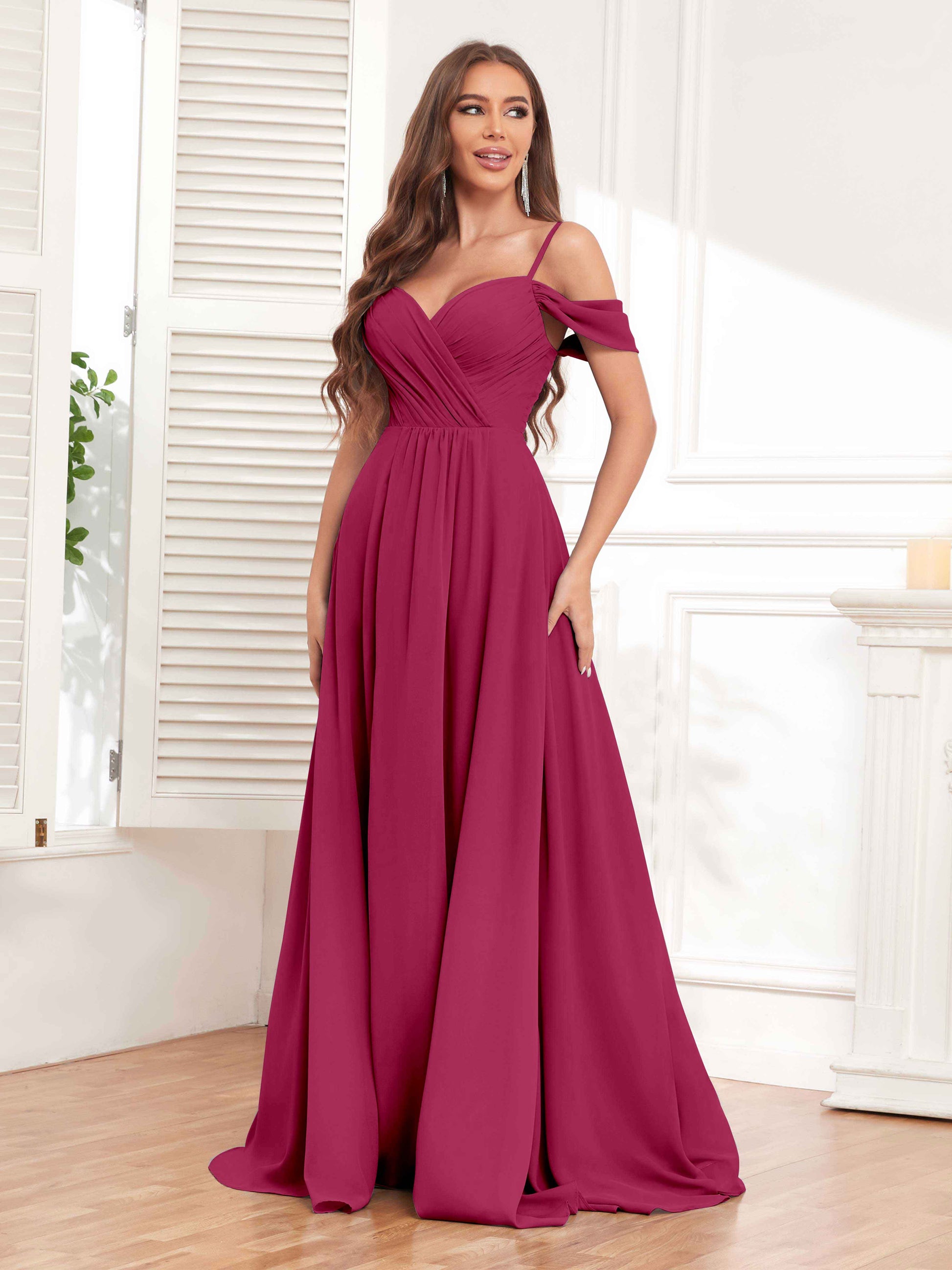 Trendy Spaghetti Straps Chiffon Bridesmaid Dresses UK With Pockets –